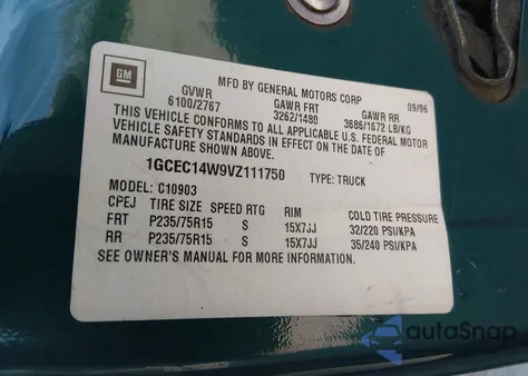 1997 Chevrolet C1500 Fleetside W/T из США, поврежденный, VIN 1GCEC14W9VZ111750